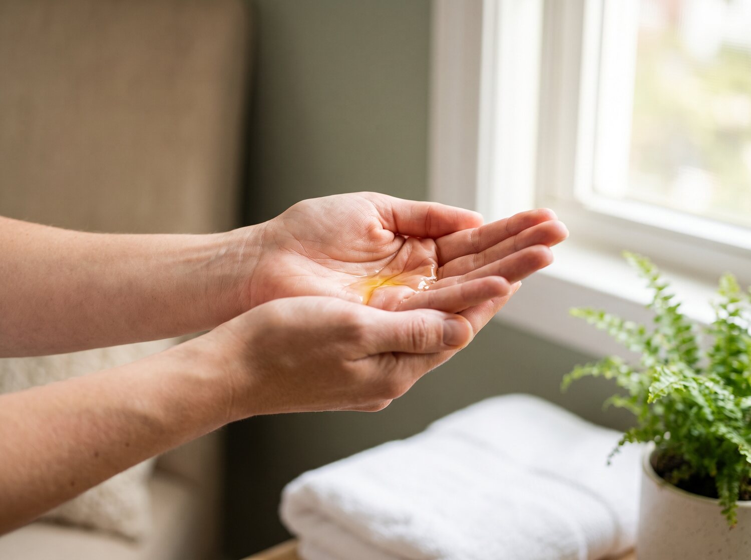 Hands warming massage oil between the palms