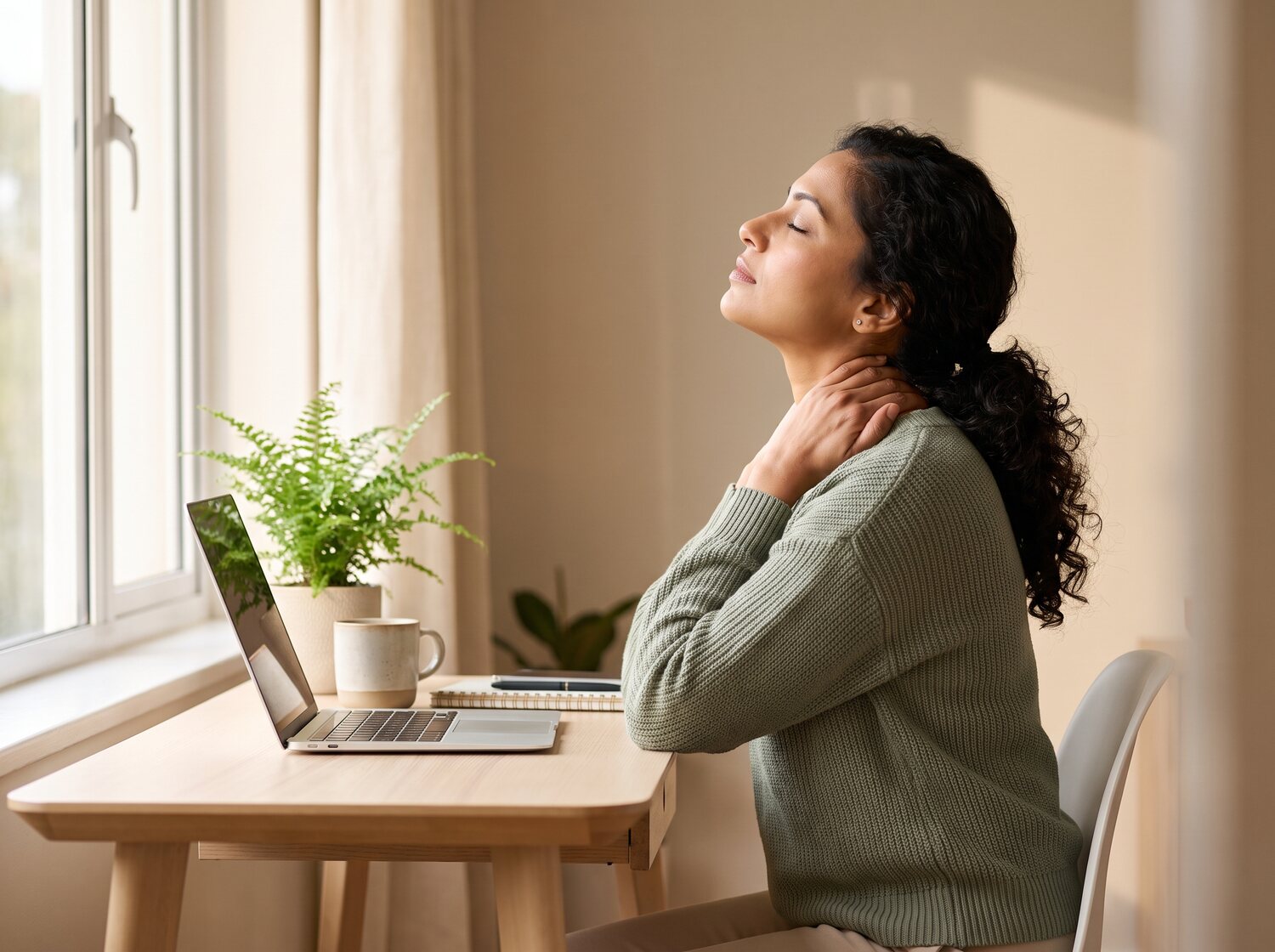 Woman relieving neck tension at her desk