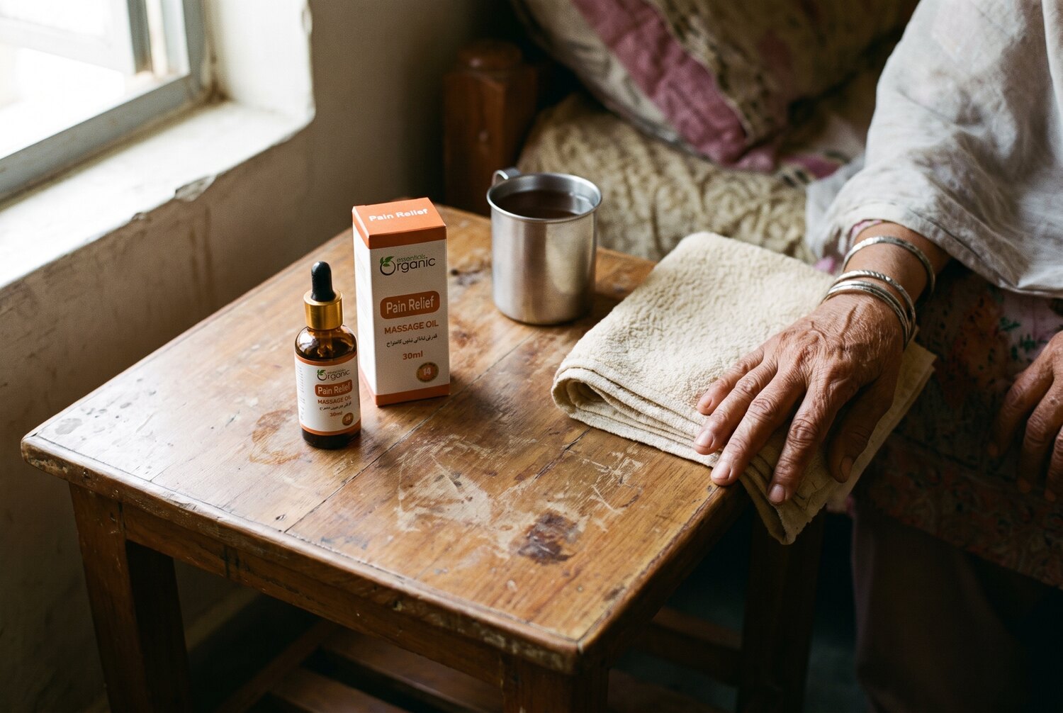 Pain Relief Massage Oil on a table in a Pakistani home